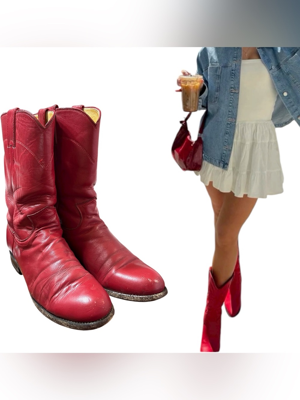 Justin Boots Vintage 90s Leather Crimson Red Roper Boot Western Gameday 6B EUC